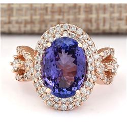 7.02 CTW Natural Blue Tanzanite And Diamond Ring In 18K Rose Gold