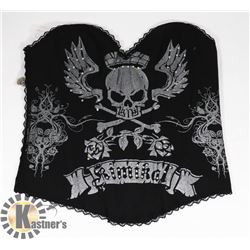 WOMENS BUSTIER: BLACK/ SILVER SKULL SIZE LARGE