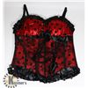 Image 1 : WOMENS BUSTIER:RED/ BLACK SATIN & LACE W/
