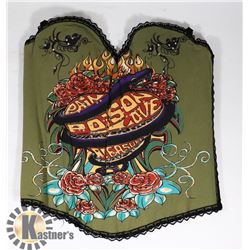WOMENS BUSTIER: GREEN "PAIN, POISON, PLEASURE"