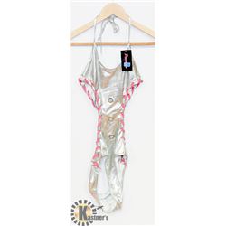 PEEKABOO 1PC WOMENS INTIMATE OUTFIT;SILVER & HOT