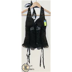 PEEKABOO 2 PC BLACK SHEER HALTER BUSTIER TOP W/