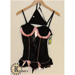 PEEKABOO 2PC WOMENS BLACK & PINK SHEER/ LACE