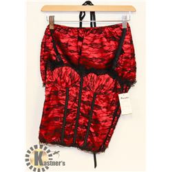 PEEKABOO 3PC WOMENS RED & BLACK LACE BUSTIER W/