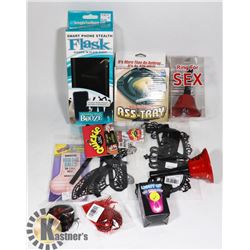 SMALL BOX OF ASSORTED ADULT NOVELTY TOYS &