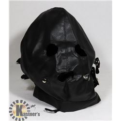BLACK LEATHER STYLE BONDAGE MASK W/ GAG BALL,