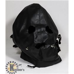 BLACK LEATHER STYLE BONDAGE MASK W/ GAG BALL,