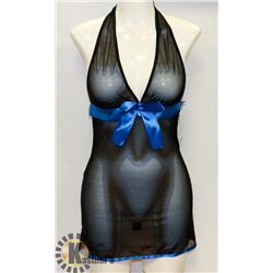 PEEKABOO 2PC WOMENS BLACK SHEER & BLUE