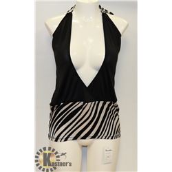 PEEKABOO 1PC WOMENS BLACK & PINSTRIPE HALTER