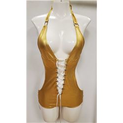 PEEKABOO 2PC WOMENS GOLD & WHITE LACE UP ADULT