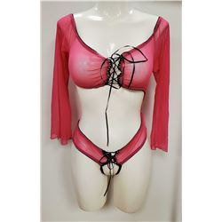 PEEKABOO 2PC WOMENS HOT PINK SHEER & BLACK