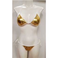 PEEKABOO 2PC WOMENS GOLD & WHITE LACE UP BIKINI.