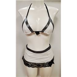 PEEKABOO 3PC WOMENS WHITE/ BLACK LACE & SILVER