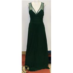 FOREST GREEN WOMENS V-NECK/ PLEATED LONG EVENING