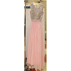 SILVER & BABY PINK A- LINE FORMAL DRESS W/ CHIFFON