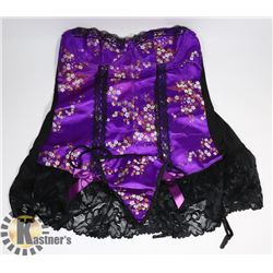 PEECABOO 2PC WOMENS PURPLE FLORAL & BLACK LACE