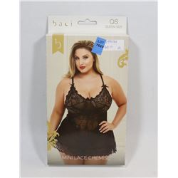 BACI WOMENS MINI BLACK LACE CHEMISE; QUEEN SIZE