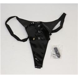 BLACK VINYL VIBRATING THONG W/ DIAMOND ACCENTS