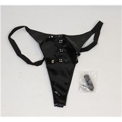 BLACK VINYL VIBRATING THONG W/ DIAMOND ACCENTS