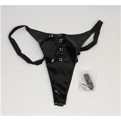 BLACK VINYL VIBRATING THONG W/ DIAMOND ACCENTS