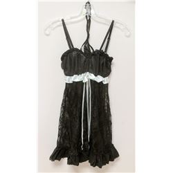 PEECABOO 2PC WOMENS BLACK LACE & BABLY BLUE SATIN