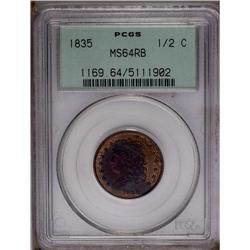 1835 1/2 C MS64 Red and Brown PCGS. C-1, B-1, R.1. The 1835[1/2 C] MS64 Red and Brown PCGS.