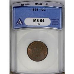 1835 1/2 C MS64 Red and Brown ANACS. C-1, B-1, R.1. Mi 1835[1/2 C] MS64 Red and Brown ANACS.