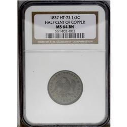 1837 MS Half Cent Token MS64 Brown NGC. Low-49, HT-73, 1837 Half Cent Token MS64 Brown NGC.