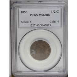 1853 1/2 C MS65 Brown PCGS. B-1, C-1, R.1. A well stru 1853[1/2 C] MS65 Brown PCGS.