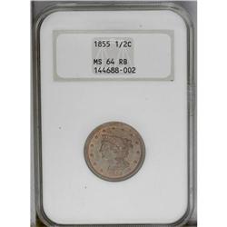 1855 1/2 C MS64 Red and Brown NGC. C-1, B-1, R.1. Stee 1855[1/2 C] MS64 Red and Brown NGC.