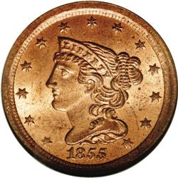 1855 1/2 C MS65 Red NGC. C-1, B-1, R.1. Ex: Foxfire. T 1855[1/2 C] MS65 Red NGC.