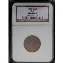 1857 1/2 C MS64 Red and Brown NGC. C-1, B-1, R.2. Copp 1857[1/2 C] MS64 Red and Brown NGC.