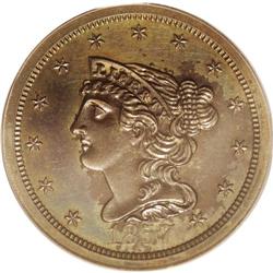 1857 1/2 C PR63 Brown PCGS. B-2, C-1, R.4. The softly 1857[1/2 C] PR63 Brown PCGS.
