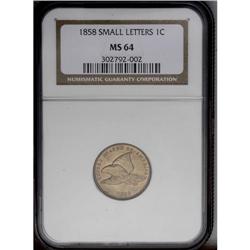 1858 1C Small Letters MS64 NGC. High Leaves, Closed E 1858[1C] Small Letters MS64 NGC.