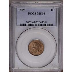 1859 1C MS64 PCGS. A sharp strike, except on TATE, for 1859[1C] MS64 PCGS.
