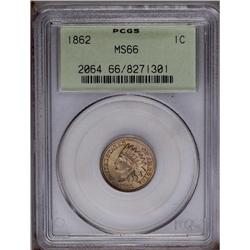 1862 1C MS66 PCGS. A lustrous olive-brown Premium Gem 1862[1C] MS66 PCGS.