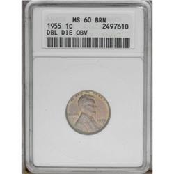 1955/55 1C Doubled Die Obverse MS60 Brown ANACS. FS-02 1955/55[1C] Doubled Die Obverse MS60 Brown AN