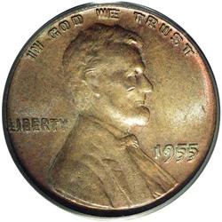 1955/55 1C Doubled Die Obverse MS64 Brown PCGS. A rich 1955/55[1C] Doubled Die Obverse MS64 Brown PC