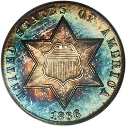 1866 3CS PR67 Cameo PCGS. Very deep electric-blue and 1866[3CS] PR67 Cameo PCGS.