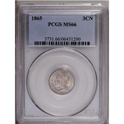 1865 3CN MS66 PCGS. Nickel-gray surfaces display frost 1865[3CN] MS66 PCGS.