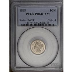 1868 3CN PR64 Cameo PCGS. Speckles of light milky-tan 1868[3CN] PR64 Cameo PCGS.