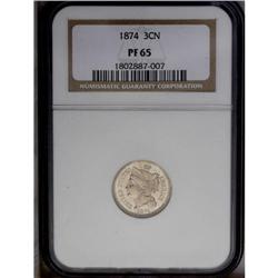 1874 3CN PR65 PCGS. Pastel lilac, gold, and powder-blu 1874[3CN] PR65 NGC.