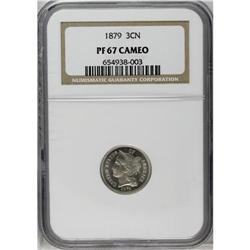 1879 3CN PR67 Cameo NGC. Hints of light tan color make 1879[3CN] PR67 Cameo NGC.