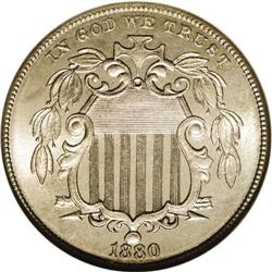 1880 5C MS65 NGC. Breen-2516. This is the "Dropped 8" 1880[5C] MS65 NGC.