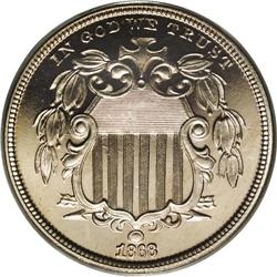 1868 5C PR66 Cameo PCGS. The date is lightly repunched 1868[5C] PR66 Cameo PCGS.