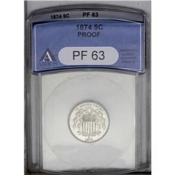 1874 5C PR63 ANACS. Both sides display subtle reflecti 1874[5C] PR63 ANACS.