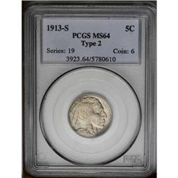 1913-S 5C Type Two MS64 PCGS. The central obverse and 1913-S[5C] Type Two MS64 PCGS.