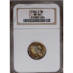 1930-S 5C MS66 NGC. Gold, ruby-red, and olive-gray ton 1930-S[5C] MS66 NGC.