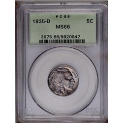 1935-D 5C MS66 PCGS. Plum, champagne-rose, and sky-blu 1935-D[5C] MS66 PCGS.