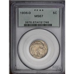 1936-D 5C MS67 PCGS. This apricot tinged survivor is w 1936-D[5C] MS67 PCGS.